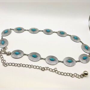 Silver Tone Western Turquoise Concho Chain Belt. Adjustable with Lobster Claw